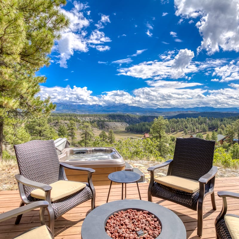 Hot tub and fire pit on a deck overlooking the San Juan Mountains, Pagosa Springs